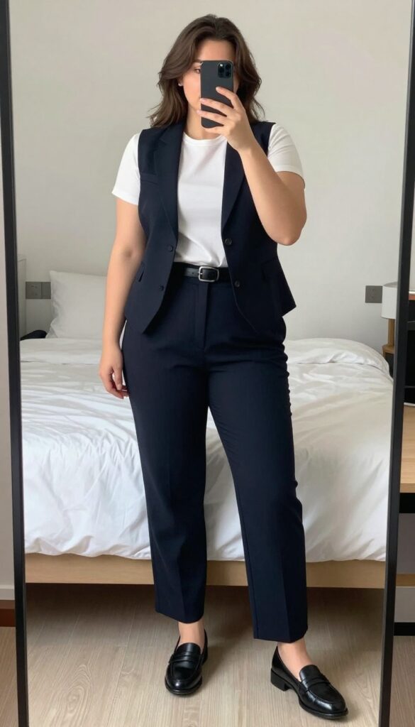 A woman in a tailored vest and straight-leg pants, standing confidently in a modern office setting.