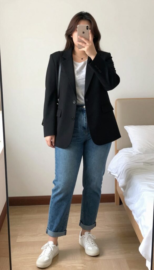 A woman in a black blazer and vintage band tee with straight-leg jeans and white sneakers, carrying a crossbody bag.