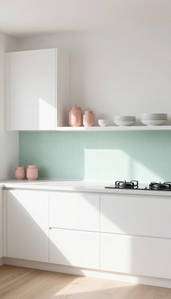 A light and airy kitchen featuring soft pastel accents: mint green backsplash tiles and blush pink terracotta jars on open shelving, with white cabinets and natural wood floors.
