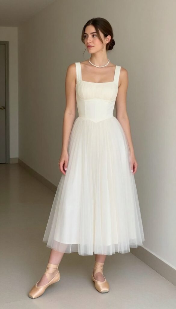 Young adult woman in ivory tulle A-line midi dress with ballet flats and pearl necklace, standing in courthouse hallway, natural light, Instagram-style outfit photo.