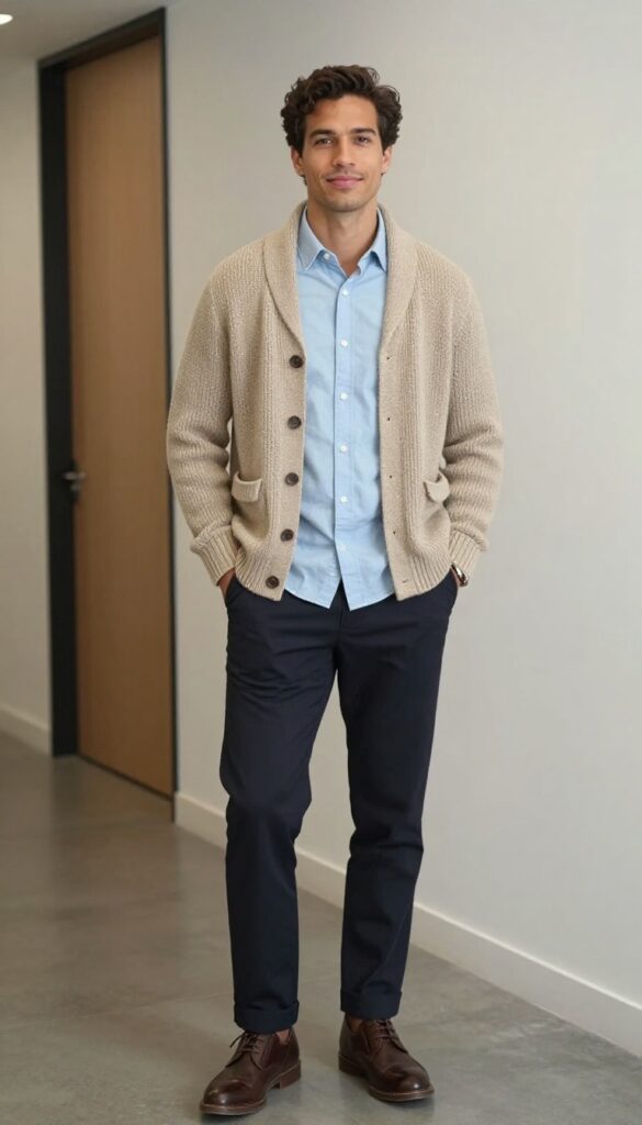Man in oatmeal cardigan, light blue button-down, dark trousers, and brown chukka boots in office hallway
