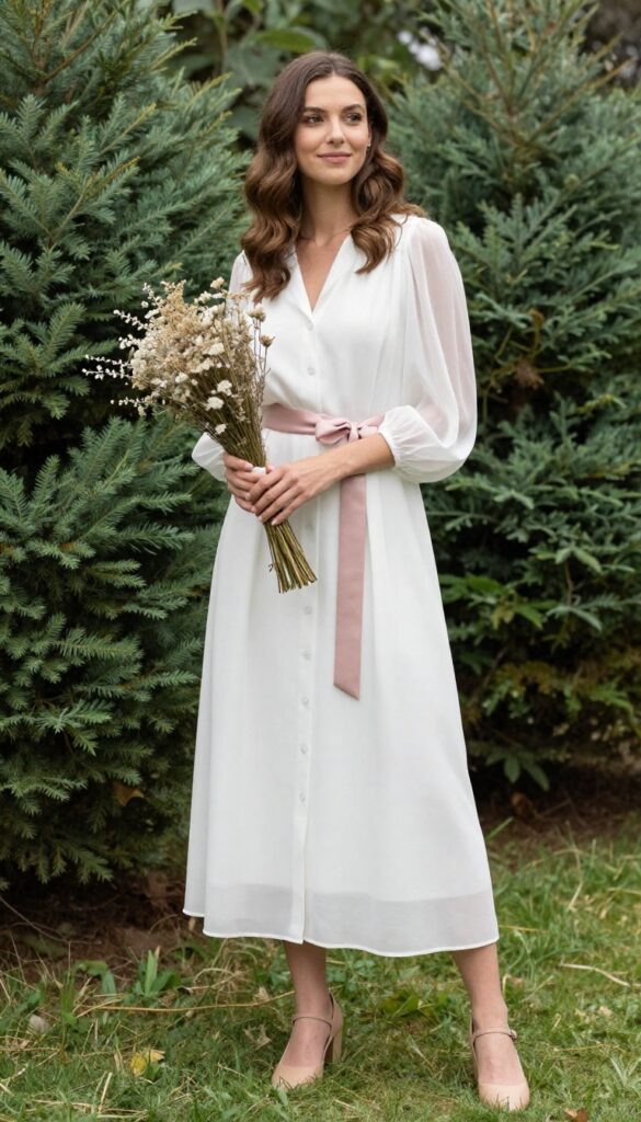 Bride in white sheer-sleeve button-front maxi dress with satin ribbon belt and nude block-heel Mary Janes, holding dried flower bouquet in sunlit garden