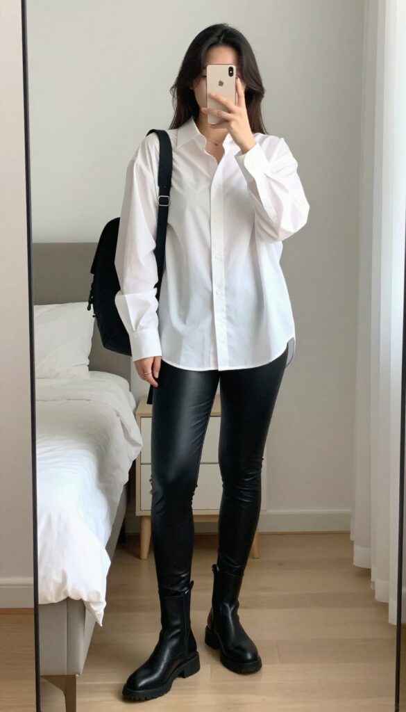 A woman in a white button-down shirt and black faux-leather leggings, half-tucked, with ankle boots and a structured backpack, standing in a campus or coffee shop setting.