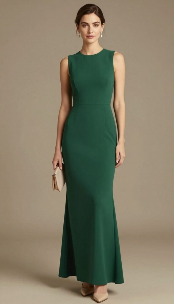 Adult woman in deep green high-neck column dress with side slit, nude heels, minimal accessories, at elegant evening wedding reception.