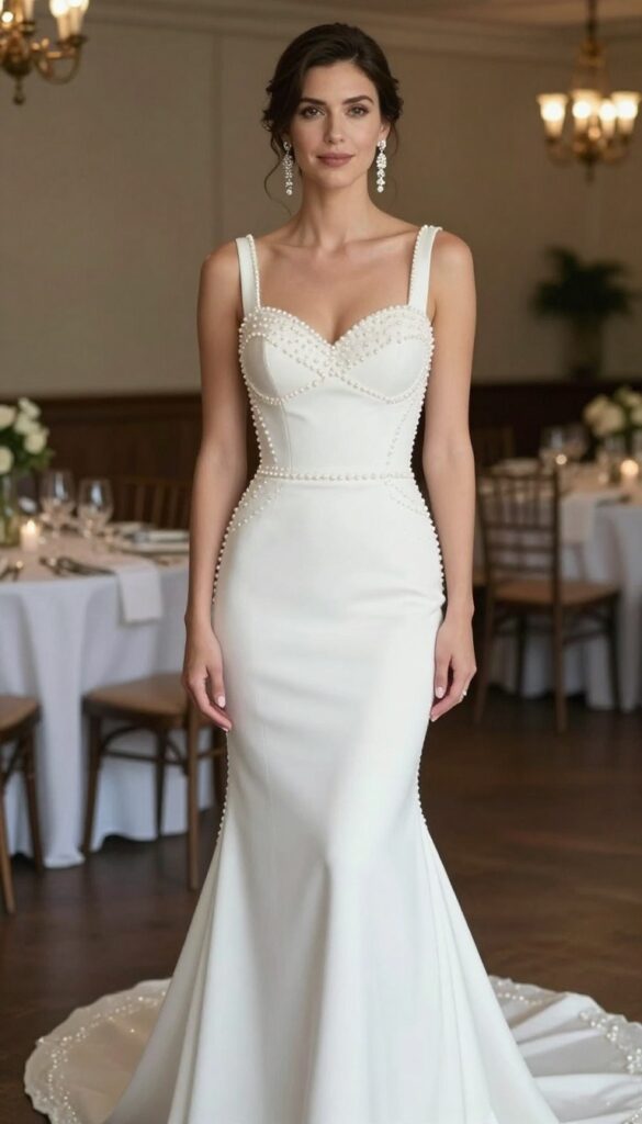 Woman in pearl mermaid wedding dress with crystal drop earrings, low updo, reception hall background