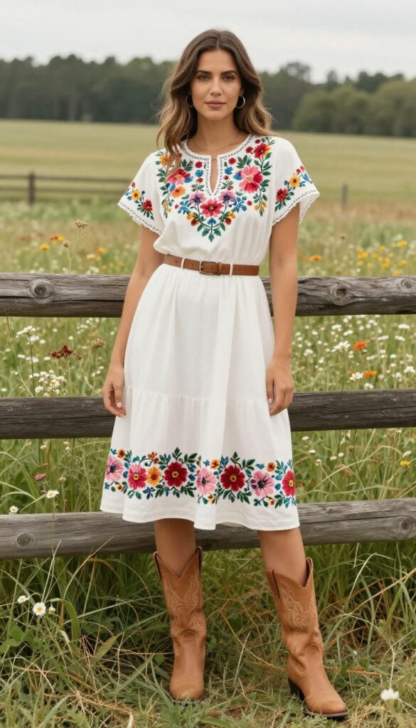 Woman in embroidered white boho dress with cowboy boots in sunlit field