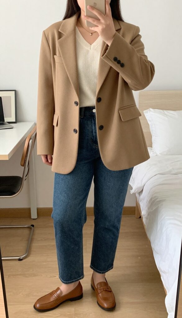 Woman in camel blazer, cream knit, and dark wash jeans with leather loafers and structured tote, standing in a modern office.