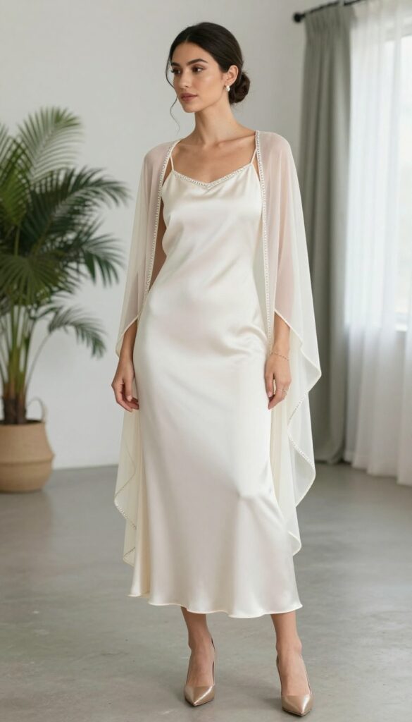 Woman in minimalist crystal slip dress and crystal-trimmed cape at modern wedding venue