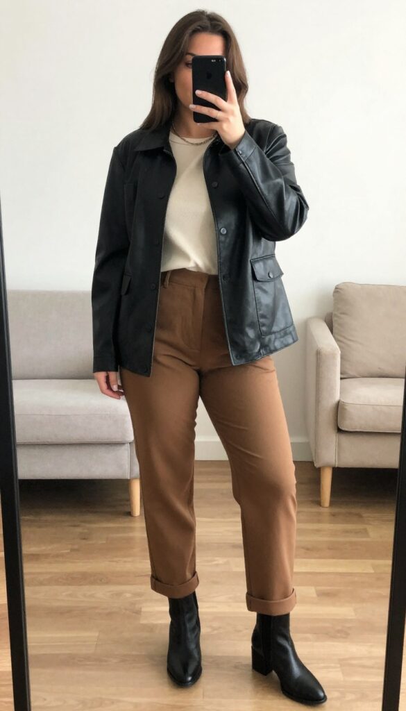 Woman in black leather jacket, cream knit top, and brown tailored trousers with ankle boots, taking a mirror selfie in bedroom.