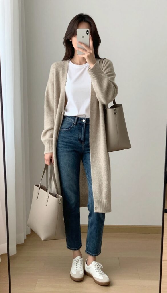 Mirror selfie of a woman in a longline cardigan, white tee, and jeans, holding a tote bag, with her face partially hidden by her phone.