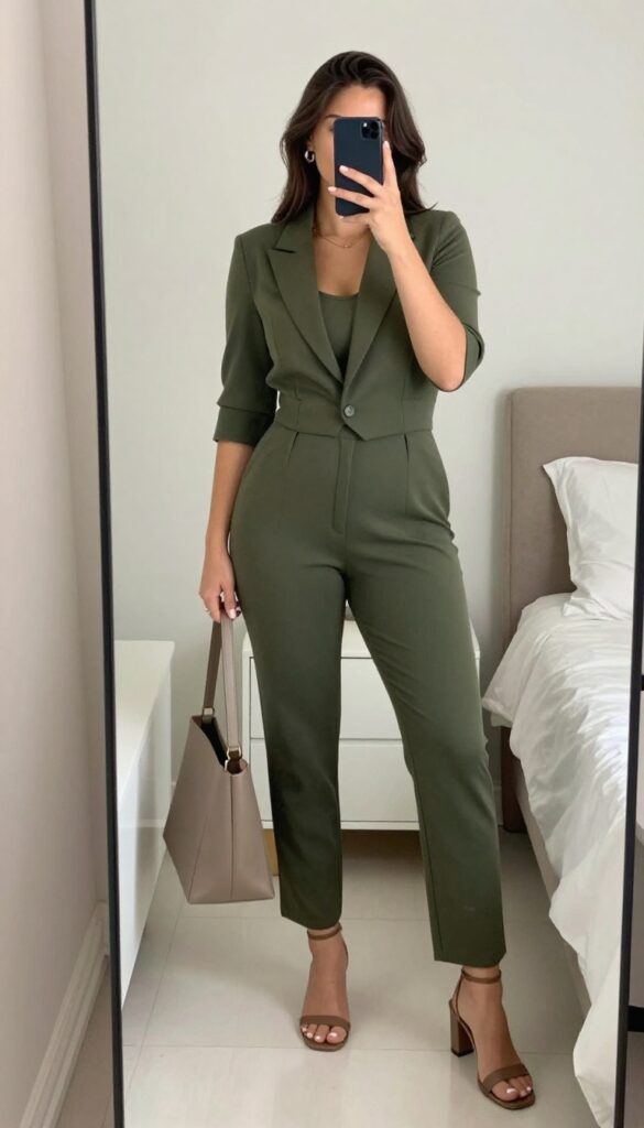 Woman in tailored jumpsuit and cropped blazer, standing confidently in a bright office or meeting room.
