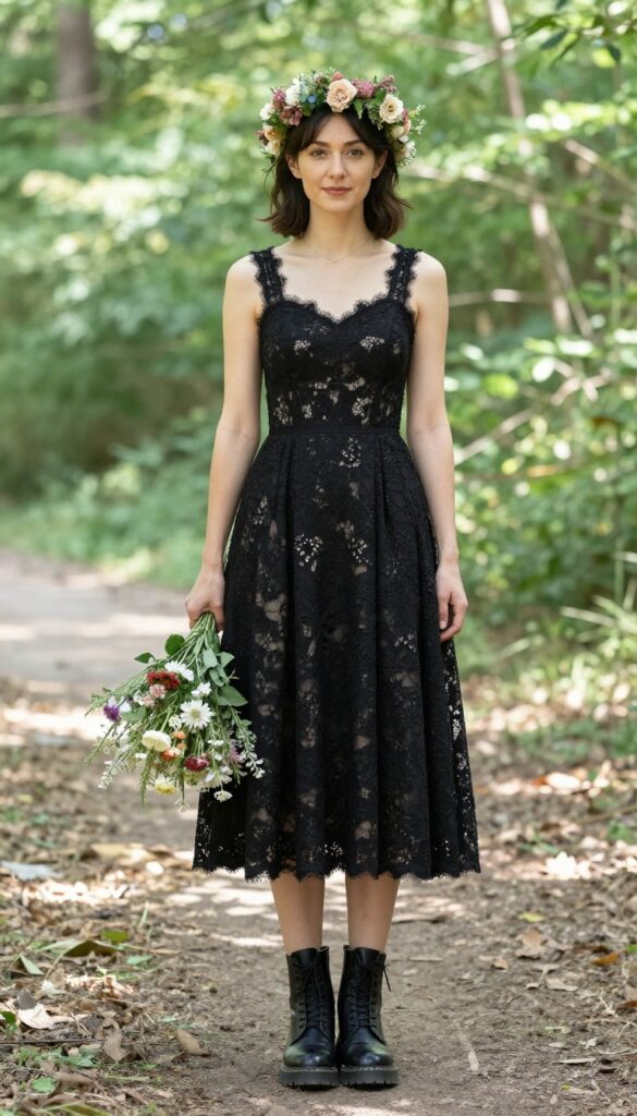 Woman in black lace wedding dress with flower crown and combat boots in forest