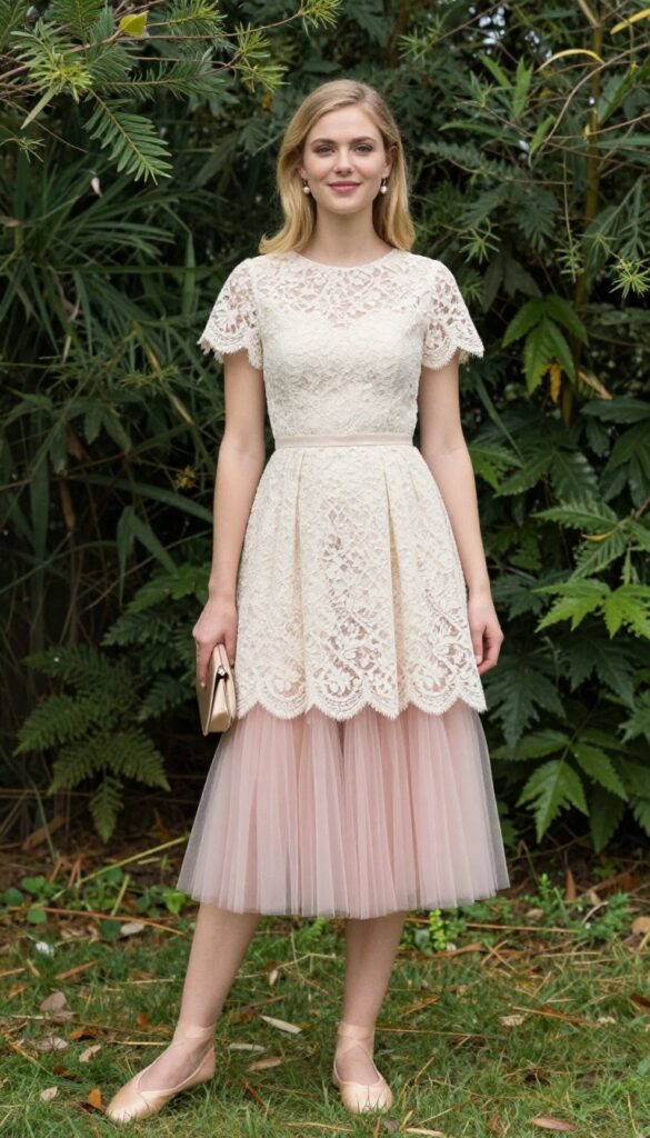Young woman in ivory lace mini dress over pink tulle skirt with pearl earrings and nude ballet flats, smiling in outdoor garden setting.