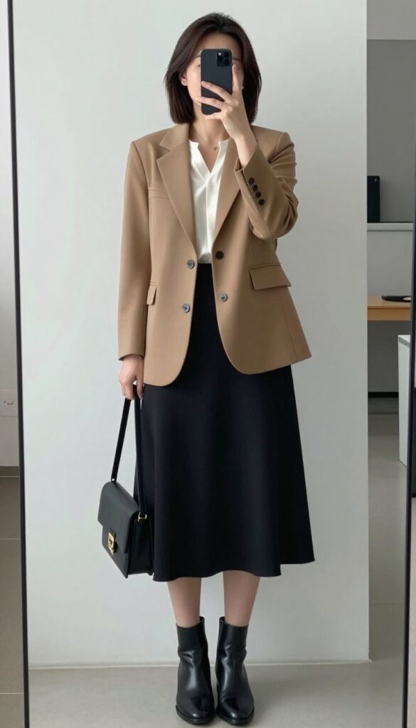 A woman in a camel blazer, white blouse, black midi skirt, and ankle boots taking a mirror selfie for a business casual outfit idea.