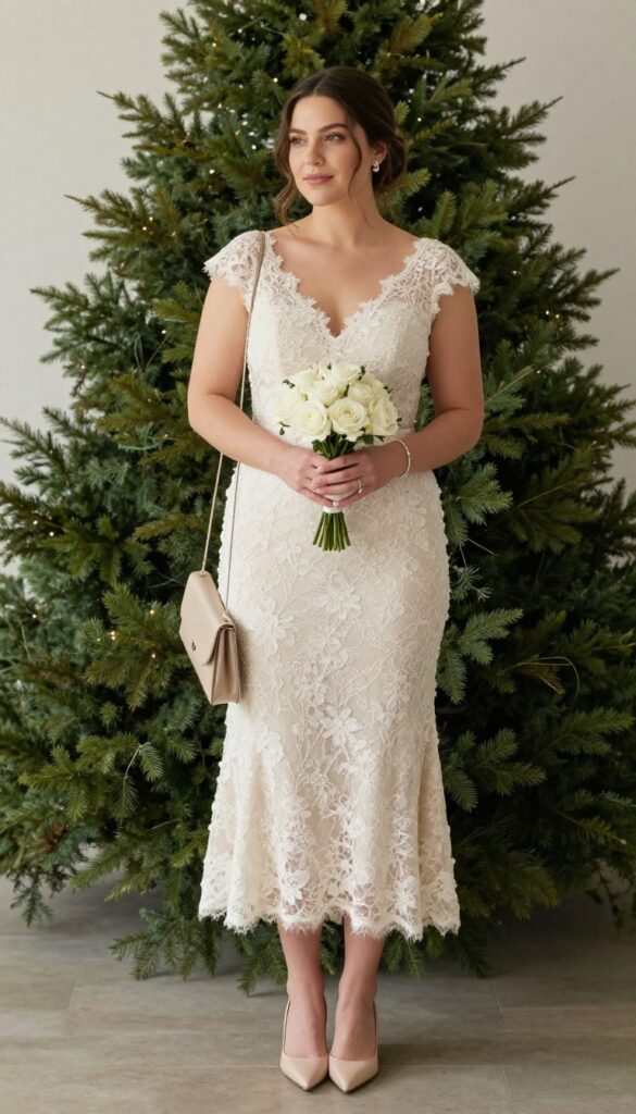 Curvy bride in high-neck long-sleeve lace wedding dress with bouquet, indoor venue