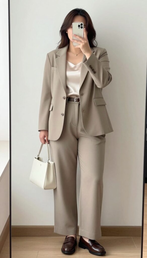 Blazer, silk camisole, wide-leg trousers, loafers, leather belt, structured tote