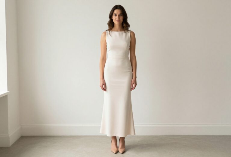 Woman in blush wedding dress with clean fit and nude heels