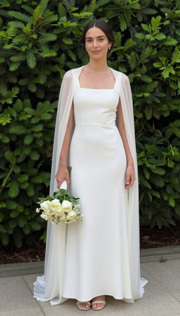 Woman in white square neck wedding dress with sheer long-sleeve ivory cape, standing in elegant ballroom with soft lighting, natural makeup, low bun, holding small bouquet.
