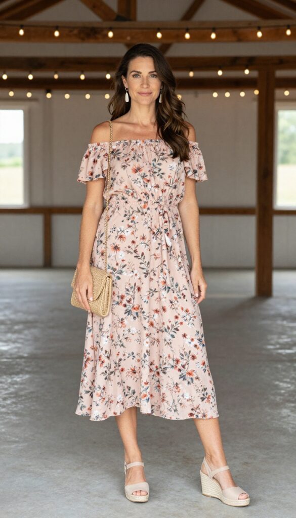 Woman in blush floral off-shoulder midi dress and nude wedge espadrilles standing in rustic barn with string lights