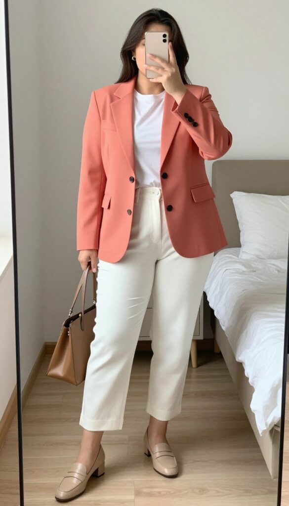A woman in a coral blazer, white tee, and cropped trousers, standing confidently in a bright office setting.