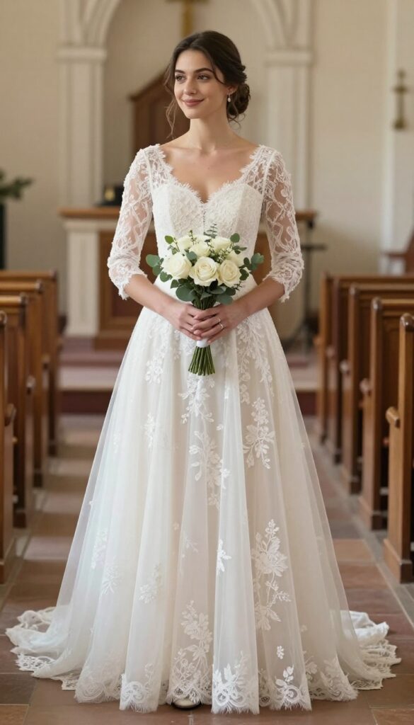 Bride in lace-overlay ballgown with illusion sleeves and sweetheart neckline, holding white rose bouquet in church