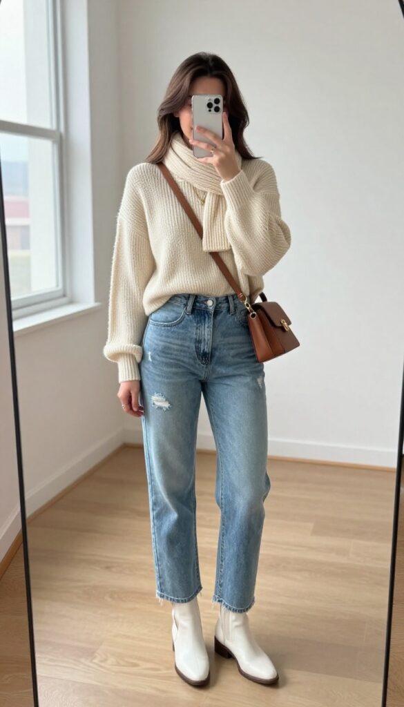 Woman taking a mirror selfie wearing a cropped cream sweater, high-waisted light blue mom jeans, white ankle boots, and a brown crossbody bag, with a knit scarf.