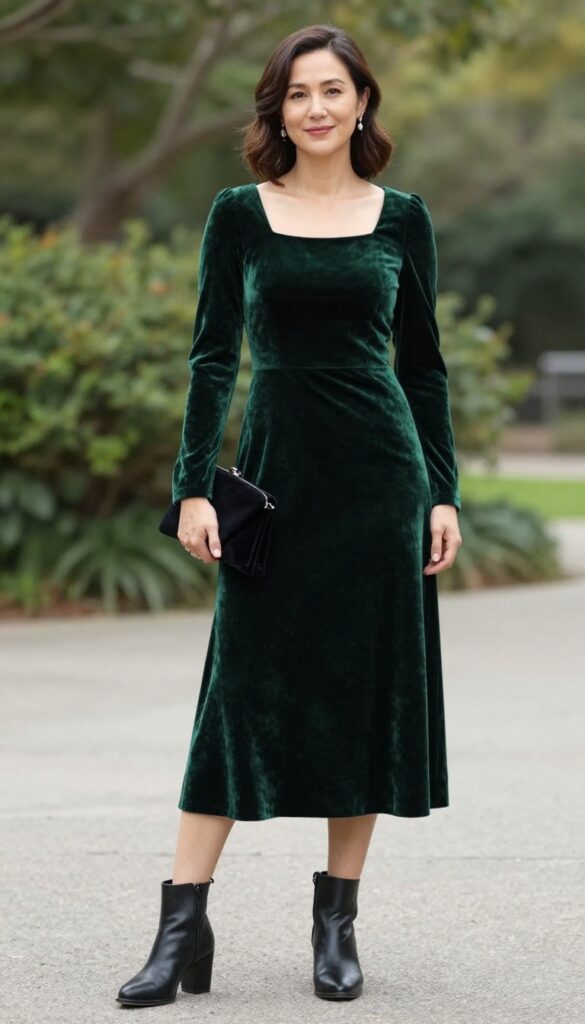 Woman in forest green velvet midi dress and black ankle boots at outdoor fall wedding with string lights and autumn leaves.