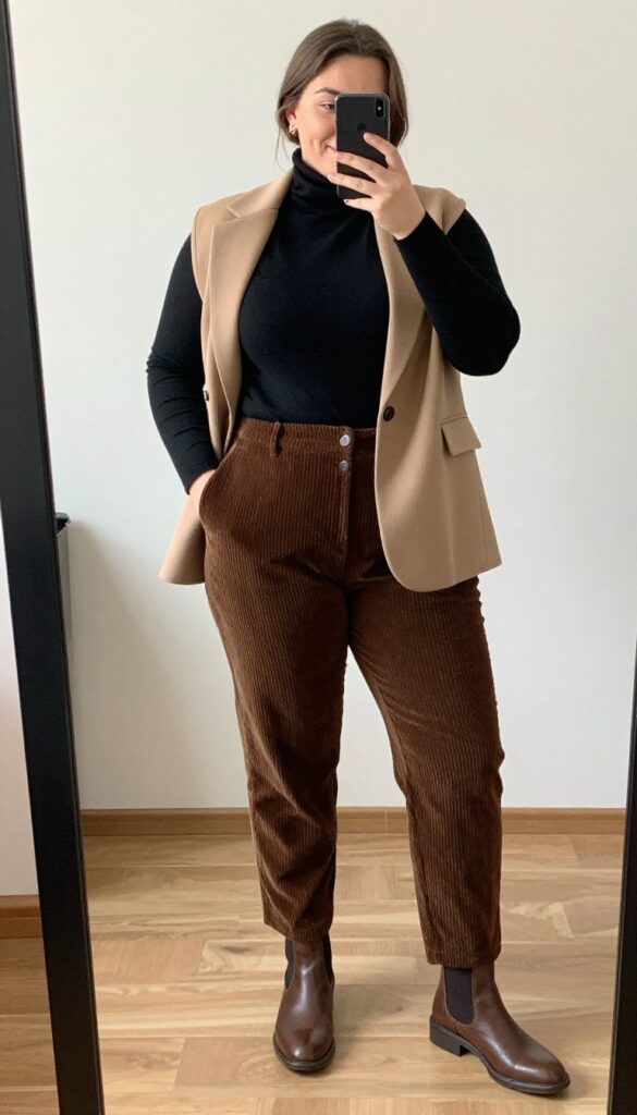 Woman in black turtleneck, camel corduroy pants, and brown Chelsea boots, mirror selfie in bedroom.