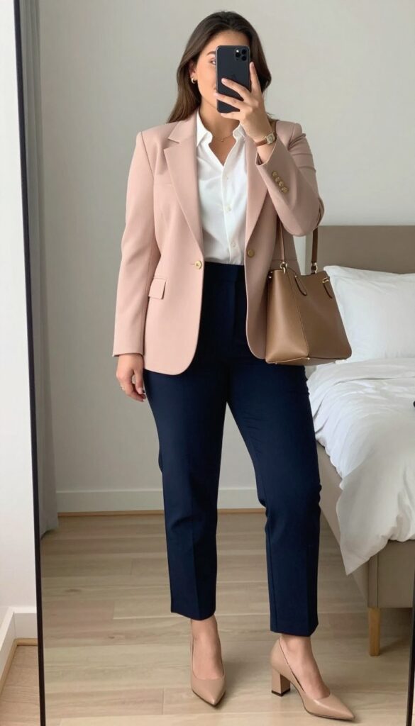 Woman in blush blazer, white blouse, and navy pants, standing by a mirror, holding phone, with nude heels and tan tote.