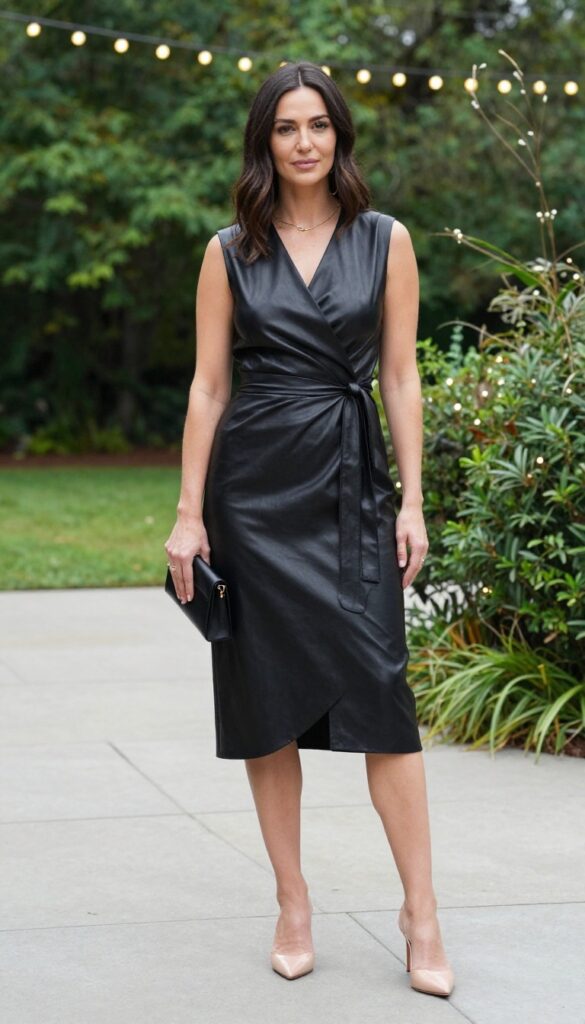 Woman in black faux leather wrap dress with nude heeled mules and black clutch at outdoor wedding reception