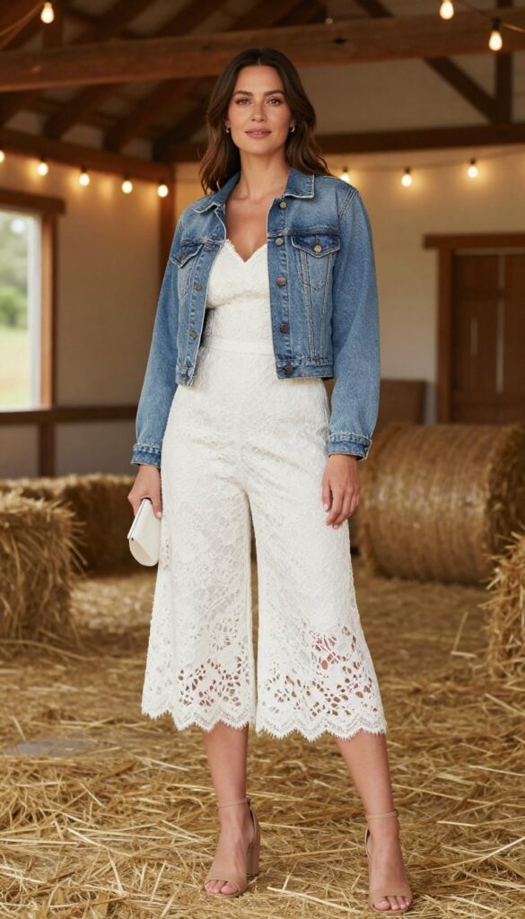 Woman in white lace jumpsuit with cropped denim jacket and nude block-heel sandals in rustic barn