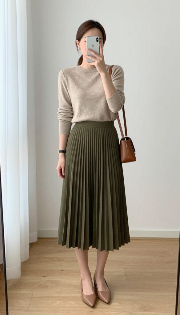 Woman in olive pleated skirt and beige fitted sweater taking a mirror selfie, business casual outfit.