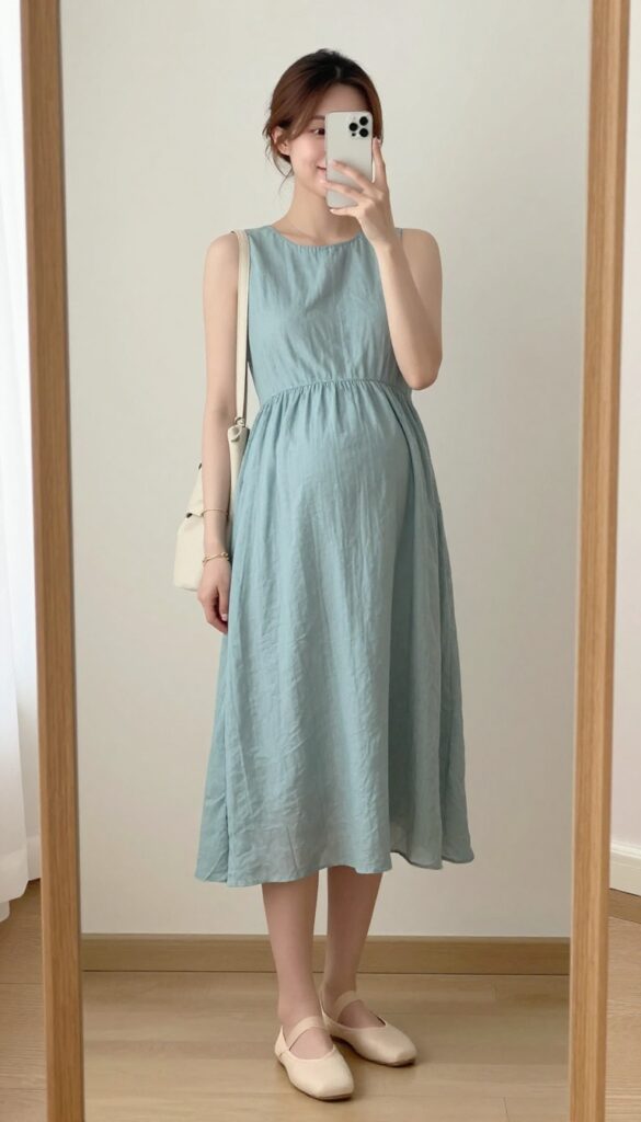 Pregnant woman in empire waist dress with ballet flats, taking a mirror selfie in bright natural light