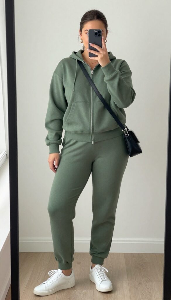 Plus-size woman in olive green matching lounge set with white sneakers and crossbody bag, taking a mirror selfie.