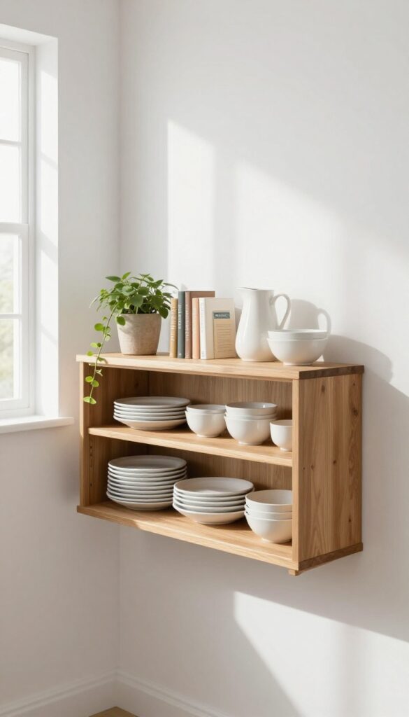 Open shelf sideboard with stacked dinnerware, cookbooks, ceramic pitcher, and trailing plant in a bright kitchen