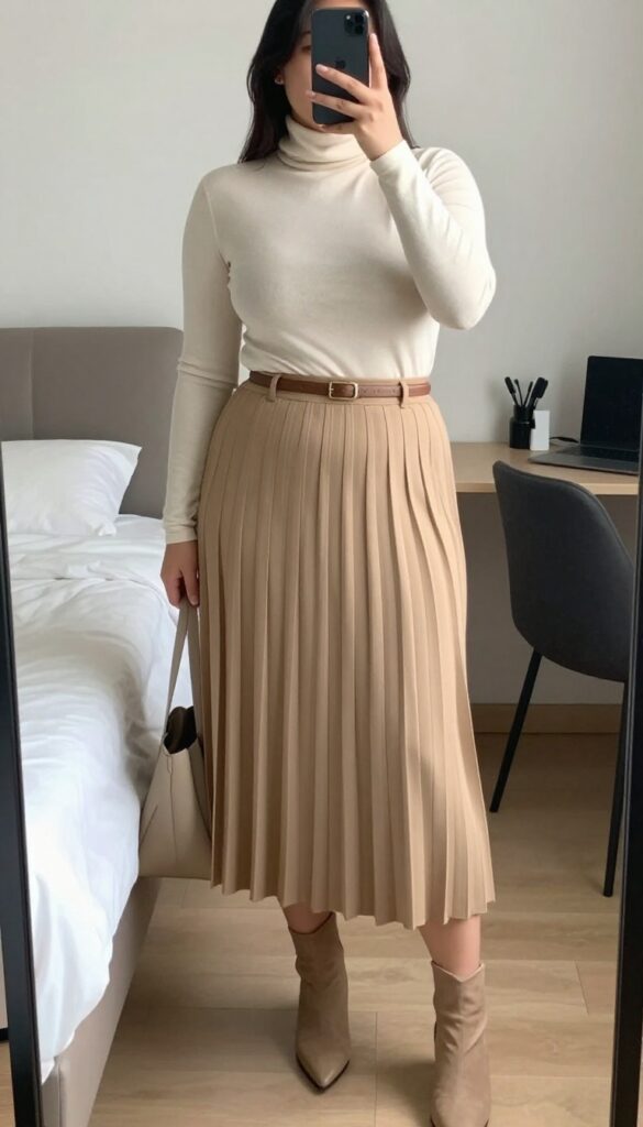 A woman in a cream turtleneck and camel pleated midi skirt, with a leather belt, ankle boots, and a structured tote, standing in a bright office setting.