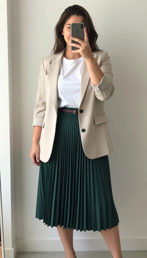 Woman in neutral blazer, white tee, and forest green midi pleated skirt, unbuttoned blazer, loosely tucked tee, simple accessories, standing in an office or cafe setting.