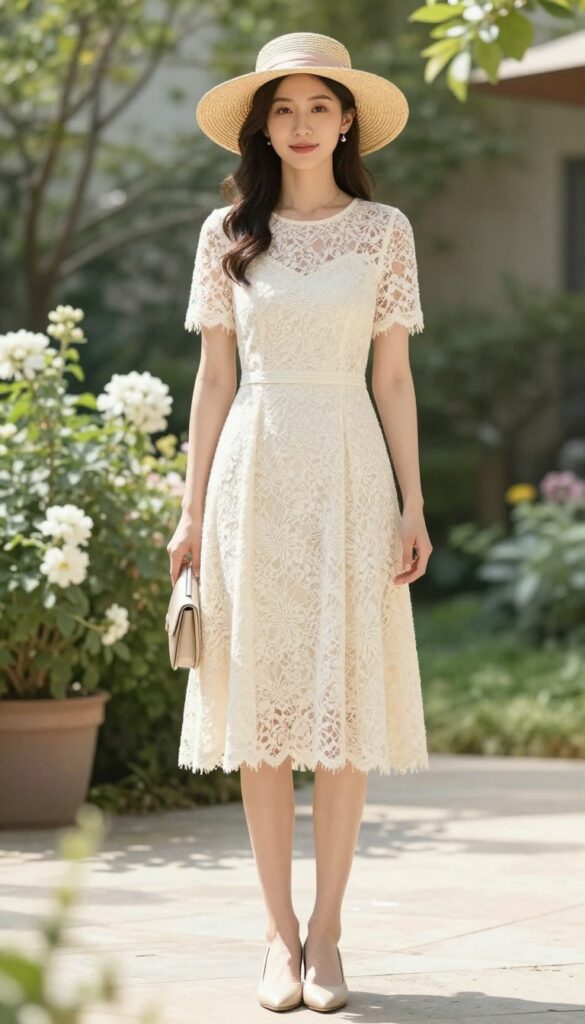 Woman in cream lace A-line dress and wide-brim straw hat in garden