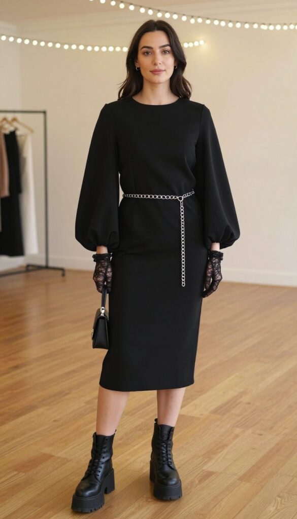 Goth wedding guest outfit: black balloon sleeve midi dress with belted waist, lace gloves, chunky platform boots, and black clutch in a warm indoor venue.