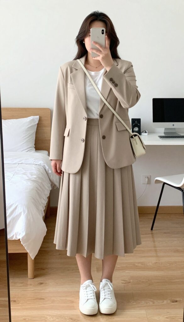Woman in blazer, graphic tee, pleated midi skirt, and platform sneakers, taking a mirror selfie in bedroom.