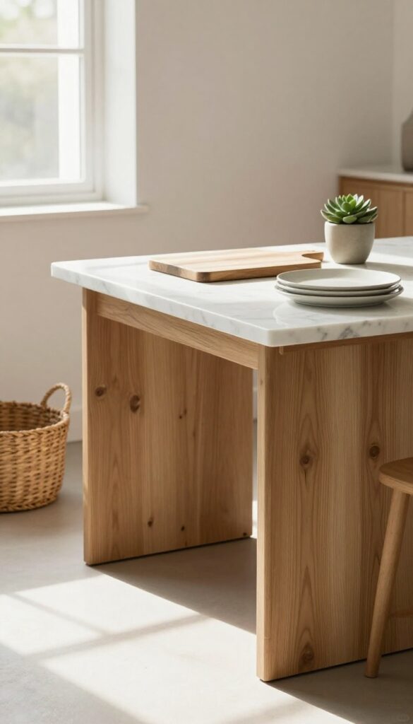 Low wooden buffet with marble top, styled with cutting board, succulent, and ceramic plates, in a bright dining room.