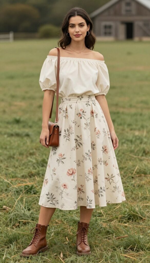 Woman in cream off-shoulder top, floral A-line skirt, and brown lace-up boots at barn wedding venue