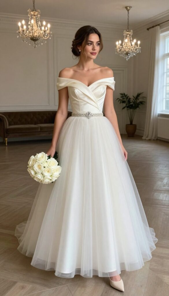 Woman in off-shoulder ivory ball gown with crystal belt, holding white roses, standing in grand ballroom.