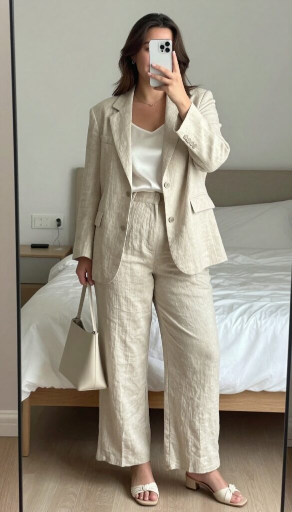 Woman in beige linen blazer and matching wide-leg trousers with silk shell, low block heels, and structured tote, standing in a bright office setting.