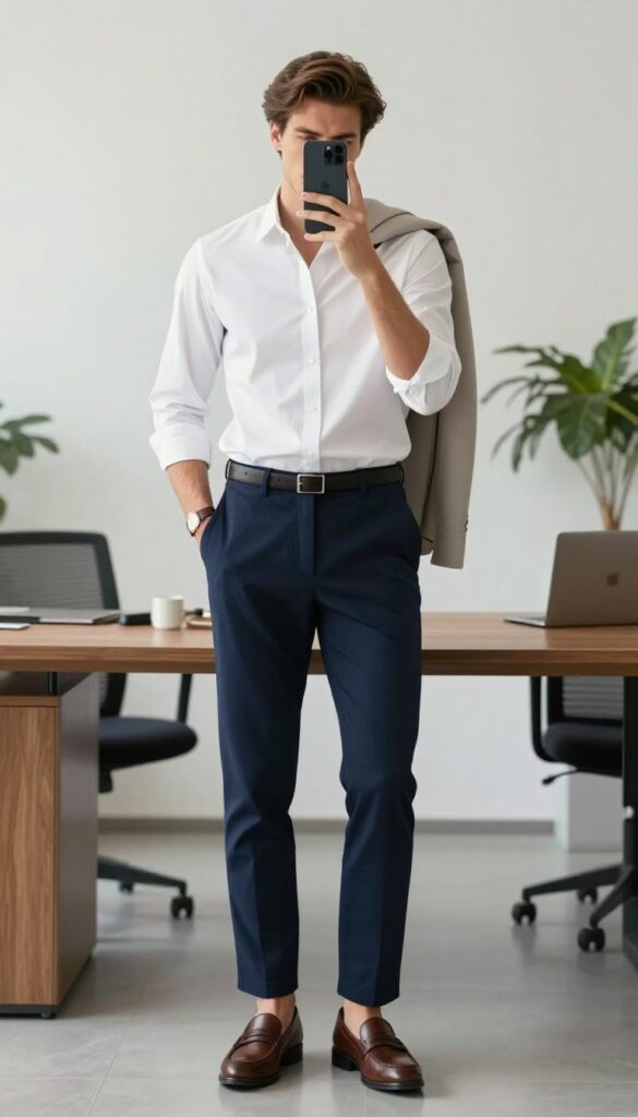 Male model in mirror selfie wearing crisp white shirt and navy chinos, with brown leather loafers and belt, neutral blazer over shoulder, in bright office setting.