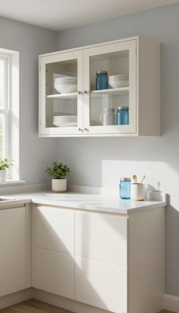 Light and airy kitchen with glass-front cabinets displaying dishes and glassware, white countertops, and natural light.