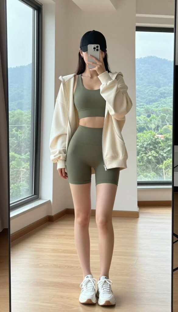 Woman in matching olive active set and oversized hoodie taking a mirror selfie, with mountain view through window.