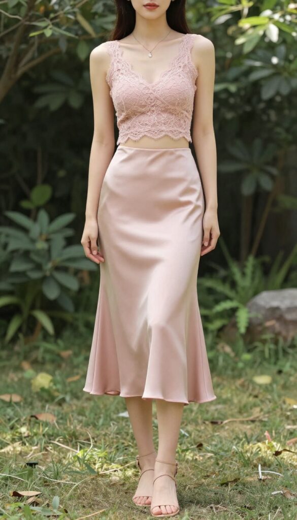 Woman in lace crop top and high-waist satin skirt in blush pink, standing in sunlit garden