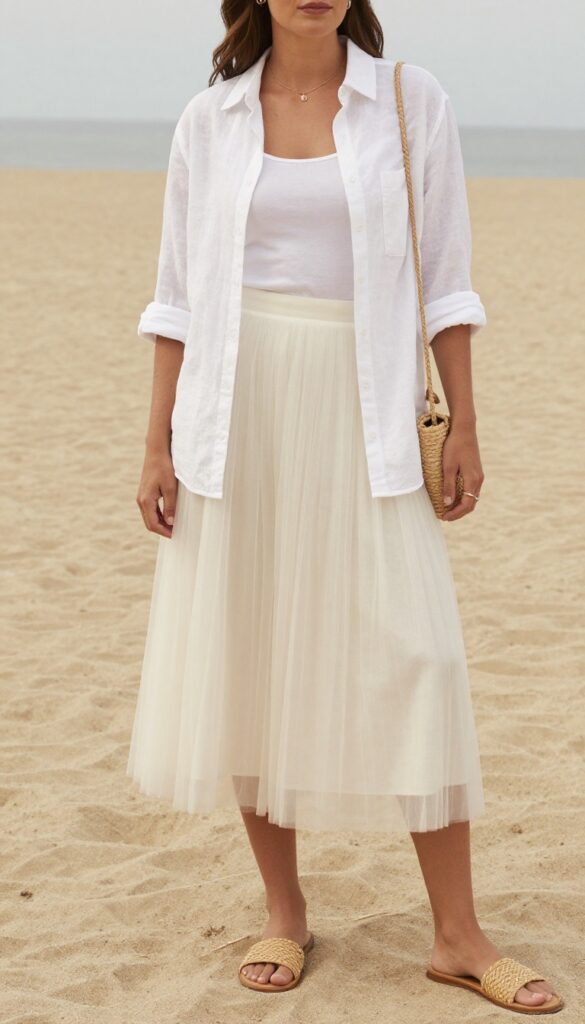 Woman in ivory tulle skirt and white linen button-down on beach at golden hour
