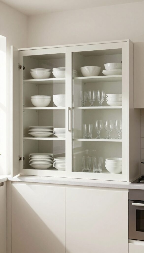 Modern kitchen with glass-front upper cabinets displaying white dishes and glassware, bright natural light, open shelving below.